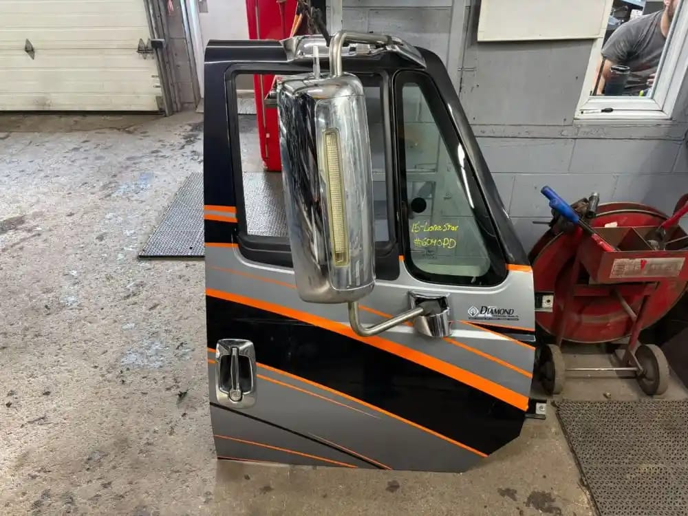 Heavy-duty semi cab door with chrome west-coast mirror